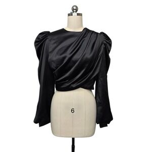More Women Black Satin Draped Wrap Crop Top Puff Shoulder Long Sleeve Size Med